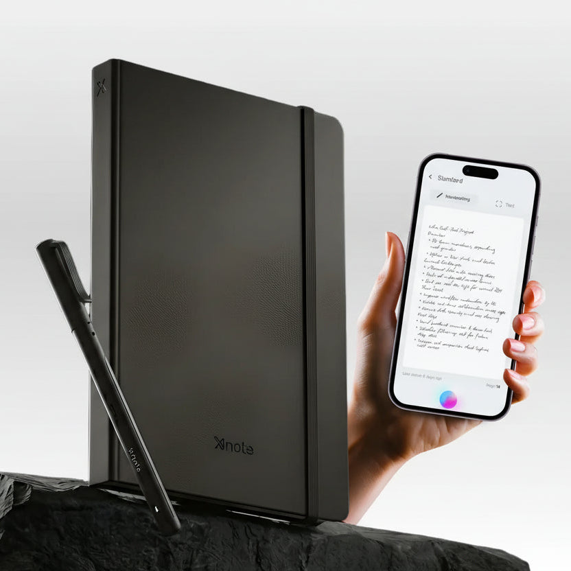 Black notebook, pen, and smartphone with productivity text and features on a white background