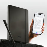 Black notebook, pen, and smartphone with productivity text and features on a white background